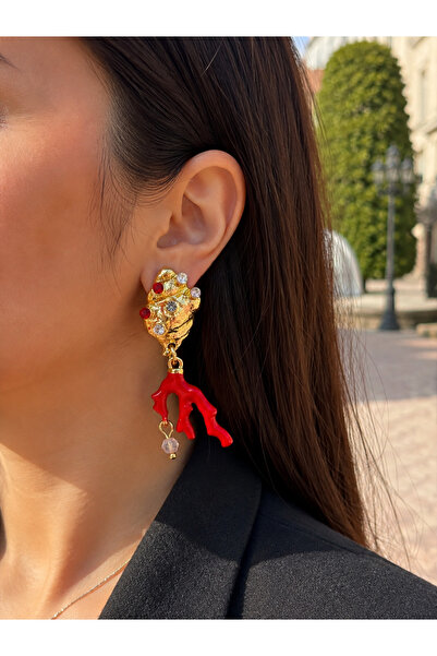 MODA Red Coral Design Gold Color Crystal Stone Dangle Women's Earrings