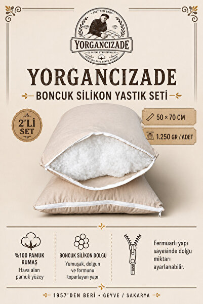 Yorgancızade - 1000 Gr %100 Pamuk Dokulu Boncuk Silikon Dolgulu Fermuarlı 2'li Yastık Seti