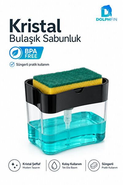 DolphFin حامل صابون الأطباق كريستال مقاس 9x14x10.5 سم مع حاوية إسفنجية، موزع ...