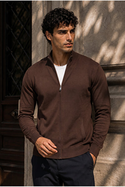 Valiberta Velaro Premium Lycra Zippered Men's Knitwear Cardigan - Brown