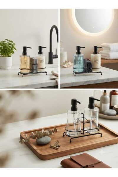 ÇEÇEN HOME Metal Stand Dish & Hand Soap Dispenser Set with Writing on It - Ba...