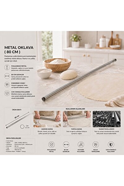 KONTEF Paslanmaz Metal Oklava 80 cm - Çelik Hamur ve Yufka Açma Merdanesi (Mu...