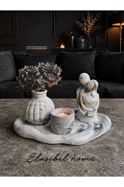 ELASİBEL HOME Gri Mermer Desen Dekoratif Vazo Seti Orta Sehpa & Salon Dekoru