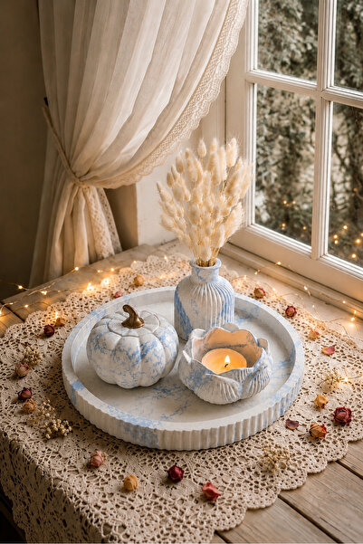 lufen deco Mermer Dokulu 4'lü Dekoratif Tepsi Vazo Mumluk Balkabağı Salon Seh...