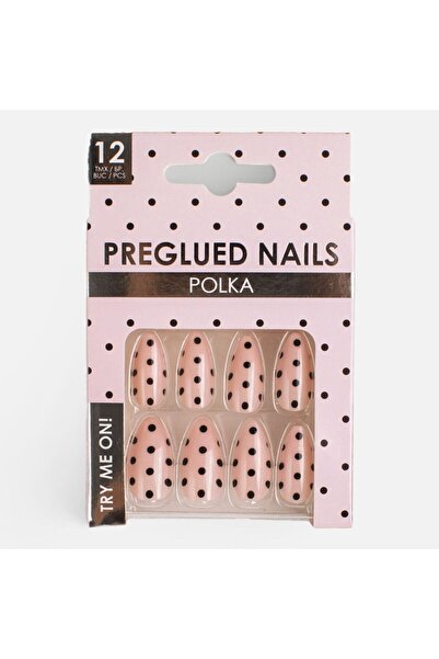 OEM Pink False Nails with Polka Dots & Glue - 12pcs