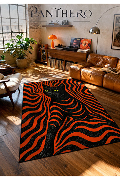 Panthero Home Turuncu Siyah Kedi Desenli Kaymaz Taban Süngerli Yıkanabilir Halı