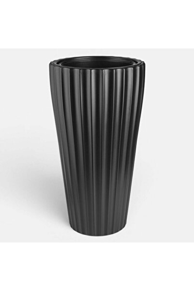 OEM Ghiveci Conic din Plastic Negru cu Dungi in Relief Ø31,5x58cm - 51L
