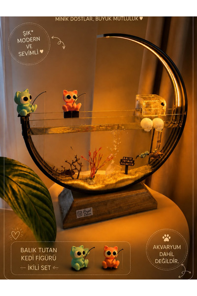 Poyel Decor Dekoratif Balık Tutan Sevimli Kedi Figürü 2'li Pembe & Mavi Set