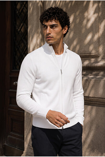 Valiberta Velaro Premium Lycra Zippered Men's Knitwear Cardigan - Ecru