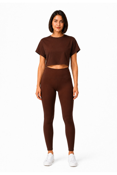 exxitcollection Kadın Spor Alt Üst Takım – Yüksek Bel Tayt ve Dökümlü Crop T-...