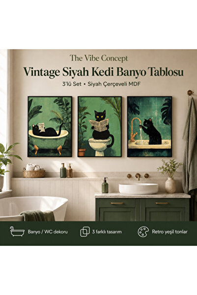 The Vibe Concept Vintage Siyah Kedi Banyo Tablosu 3’lü Set Siyah Çerçeveli MD...