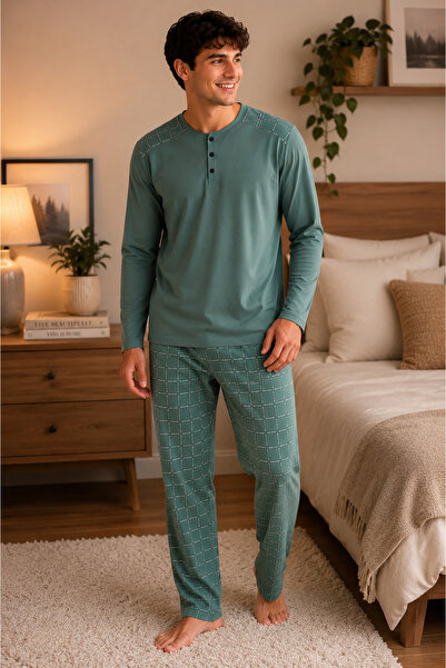 SERPİL Men's Long Sleeve Pajama Set Plaid Patterned Trousers Buttoned Collar ...