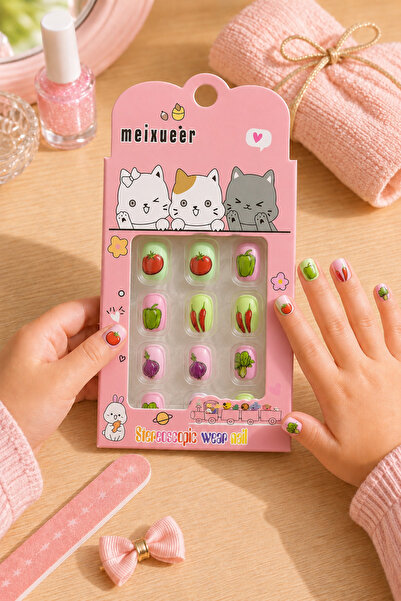 synshop Kawaii Kırmızı Biber Domates Sebze Desenli Genç Kız Çocuk Takma Tırna...