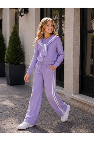 ARBİ kids Girl's Striped Embroidered Tie-Up Waiter's Two-Piece Two-Thread Suit