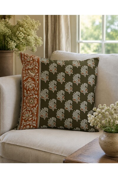 Haki Paisley Bordürlü 43x43 cm Çift Taraf Baskılı Raşel Kırlent Kılıfı