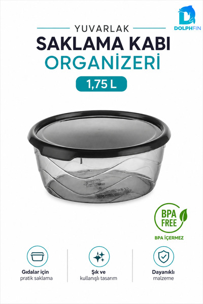 DolphFin Round Storage Container 1.75 Liters 19.5X19.5X9 cm Transparent Black...