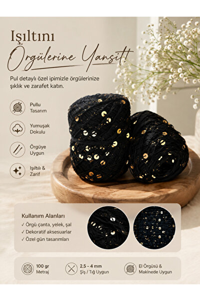 SİMAYMODDA Black Gold Sequin Knitting Yarn - Stylish and Shimmering Yarn - fo...