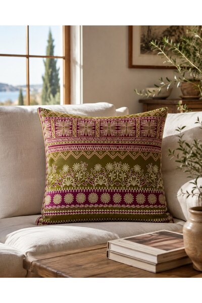 Yeşil Bantlı Çiçek Deseni 43x43 cm Çift Taraf Baskılı Raşel Kırlent Kılıfı