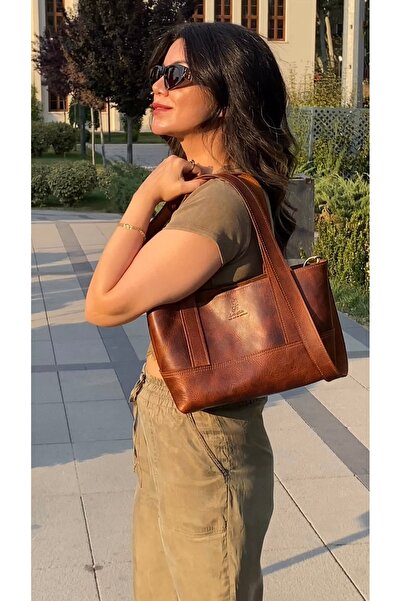 Fi Leather Fibag Kadın Taba Hakiki Deri El Ve Omuz Çantası Yatay Baget Model Günlük
