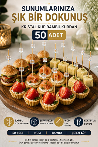 OpenCity 50’li Kristal Küp Bambu Kürdan 9 cm Parti Davet Kokteyl Kanepe Sunum...