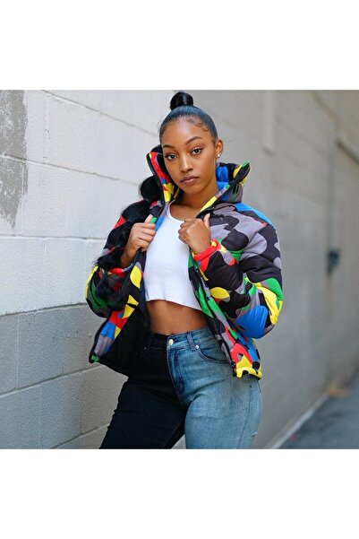 OEM Wholesale Women Winter Stand Collar Camouflage Printed Quilted Crop Coat