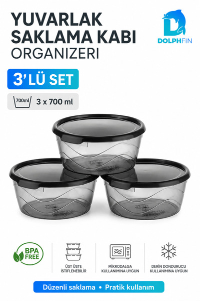 DolphFin 3-Piece Round Storage Container Set 3X700 ml with Smoked Transparent...