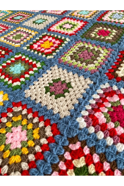 Arzu Demir 90X90 cm Hand Knitted Baby Blanket - Sofa Edge Shawl - Colorful Ethnic Pattern Motif Design