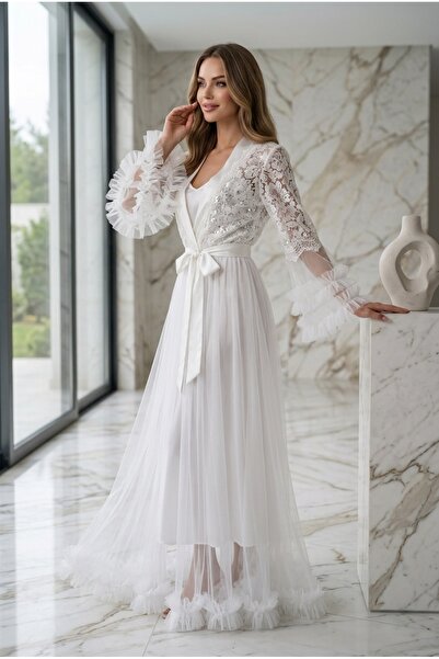 big mama Luxury Bridal Dressing Gown Lace White Tulle Honeymoon Long Satin Ni...