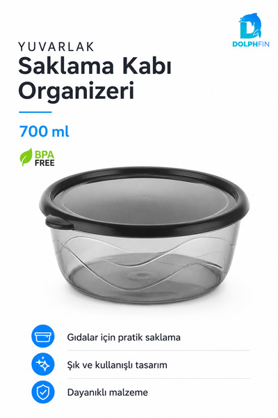 DolphFin Round Storage Container 700 ml 14.5X14.5X6 cm Transparent Black Lid ...