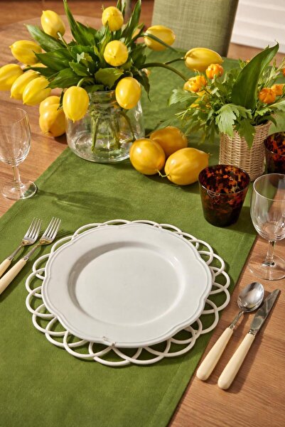 Priene Olive Green Velvet Textured Runner 33 X 220 cm