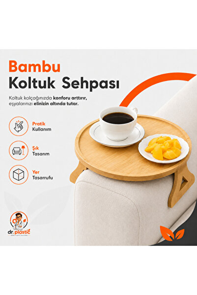dr.plastic Oval Bambu Koltuk Sehpası Ahşap Kolçak Tepsisi Pratik Yan Sehpa