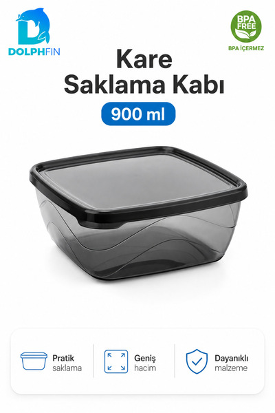 DolphFin Square Storage Container 900 ml Smoked Transparent Black Lid Refrige...