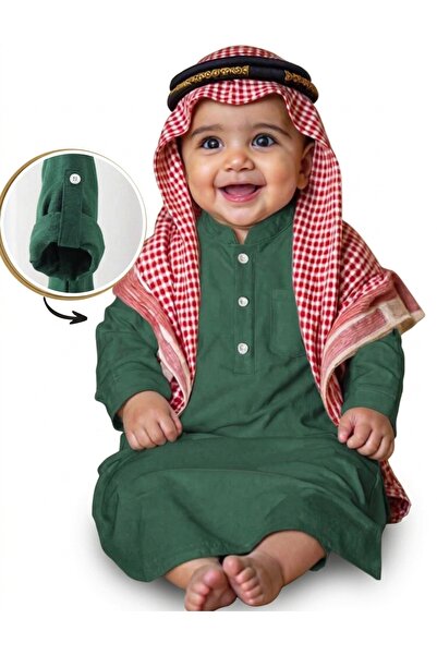 Generic Boys Traditional Casual Thobe with Long Foldable Sleeves - Green Stan...