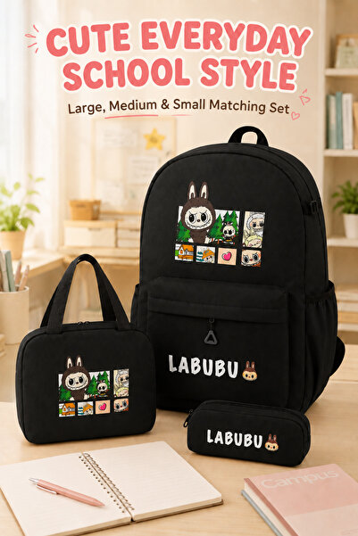 Toy Factory Black 3-Piece Bag Set – Large School Backpack, Medium Hand Bag & ...