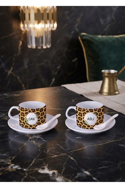 Gzl55 Kişiye Özel İsimli ve Leopar Desenli Lüks kahve, Çay fincanı 2'li set