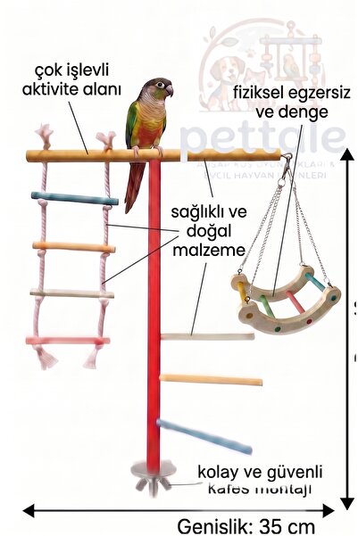 PetTale Wooden Bird Playpen Stand - Perch with Ladder and Swing, Screw-On Cage Top