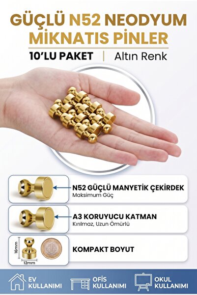 incy style Manyetik Metal Pano Mıknatısı Altın 10'lu Set - Güçlü Neodyum Mıkn...