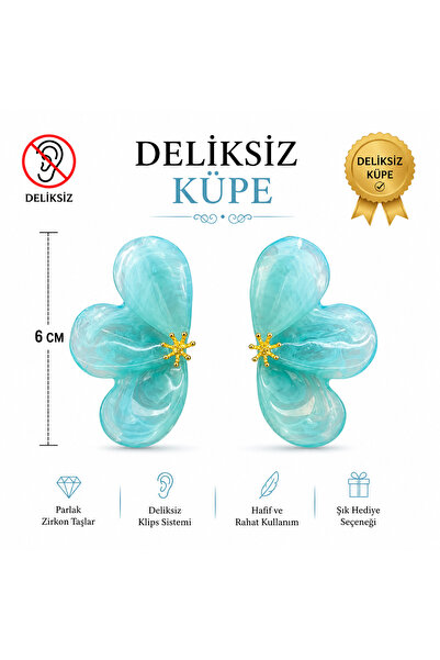 1PARÇAMAVİ DELİKSİZ sıkıştırmalı klipsli kadın küpesi - Akrilik çiçek küpe