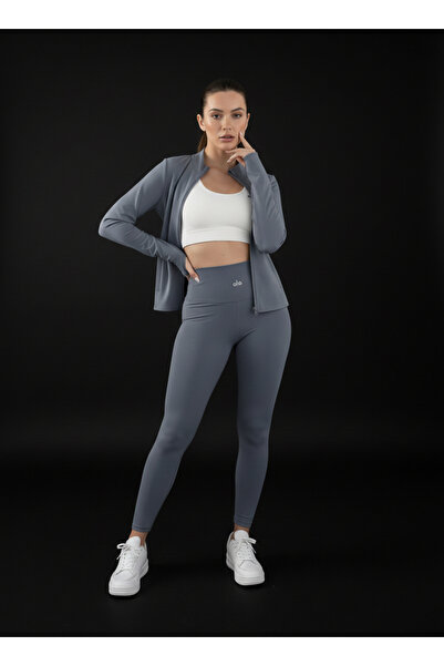 strivex Gray Zippered Finger-Loop Jacket and Leggings Double Set