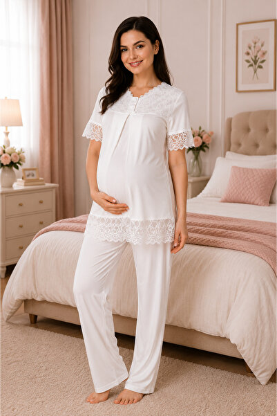 by İGP Breastfeeding Feature Cotton Maternity Adjustable Waist Pajama Set Eff...
