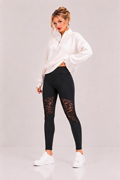 Bluewhs Women's High Waist Lace Detailed Cotton Lycra Stretchy Tights Black