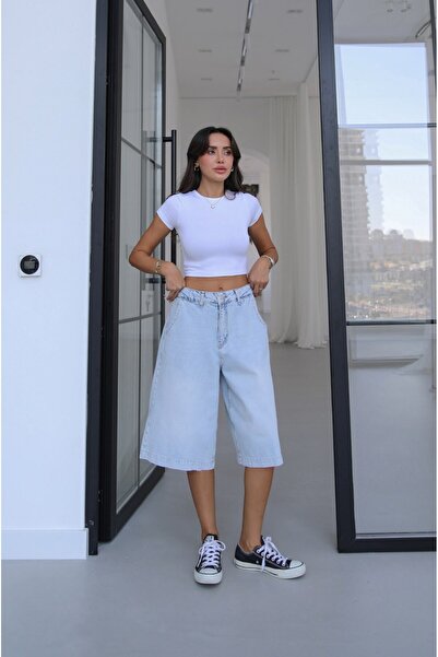 Havoş Ice Blue Capri Denim Shorts with Side Pockets