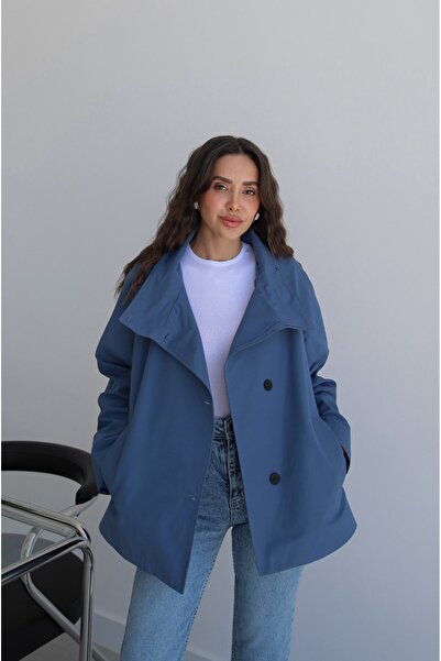 Havoş İndigo Düğmeli Oversize Trençkot