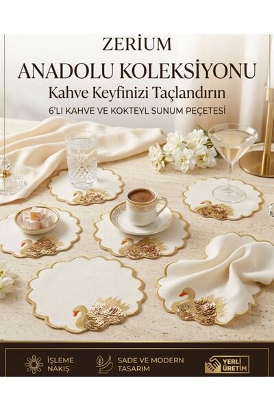 ZERİUM Premium 6’lı Kokteyl ve Kahve Altı Sunum Peçetesi Kuğu İşlemeli Pul Payet