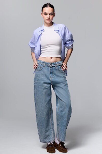 DeFacto 100% Cotton Barrel Fit High Waist Jean Trousers with Stitching Detail...