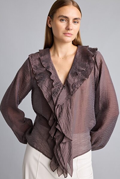 DeFacto Front Ruffle V-Neck Flowy Fabric Long Sleeve Blouse I1894Ax26Au