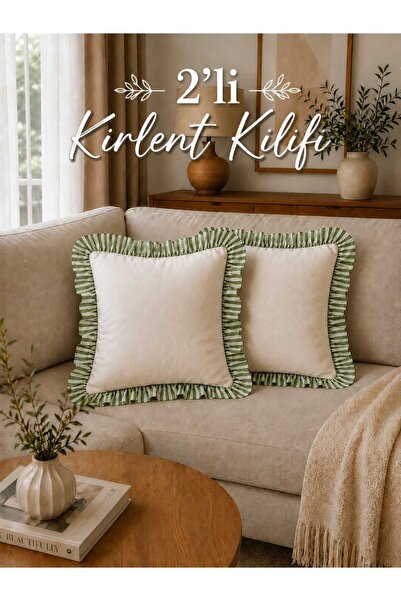 HOME ART ATELIER hand made Çizgili Yeşil Fırfırlı Keten Kırlent Kılıfı 2'li