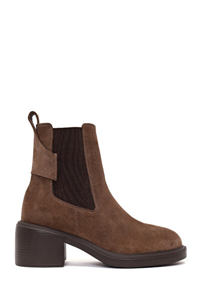 Derimod Women's Mink Thick Heeled Suede Leather Chelsea Boots Wf220009Ds