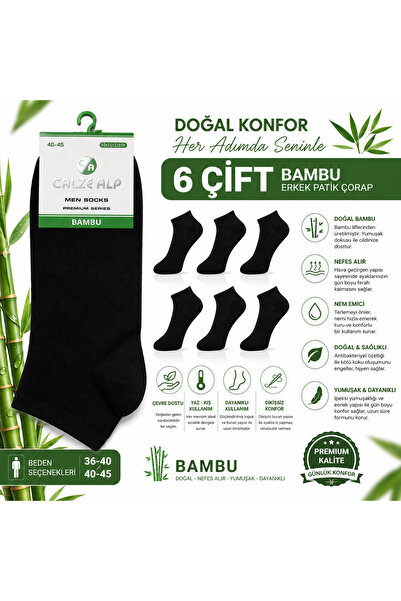 YORULMAZ ÇORAP 6 Çift Erkek Bambu Patik Çorap Siyah 40-45
