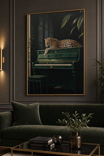 KOLAJTASARIM Tekli Metal Çerçeveli Camlı Tablo - Yeşil Leopar Piyano | Duvar ...